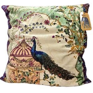 Velvet Tapestry Beaded Accent Pillow Peacock Made In India 18" Square Luxury NWT